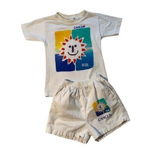 Y2K Vintage Peer Cancun Sun Graphic T-Shirt and Shorts Set Kids White Size M 90s